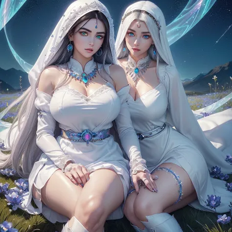 Image ((full body)),realistic 3D anime style,((of a beautiful brunette woman )), wearing a long white hooded cloak (((covering her head up to her forehead ))),((( two long strands of iridescent white hair on each side of her head))),(((detailed face, cymet...