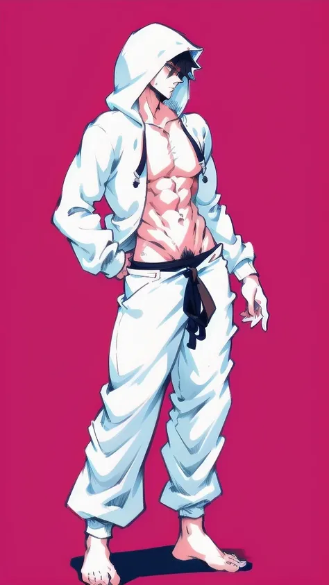 full body in image, masculine pose, unique hair, full man, hoodie jacket, white harem pants, male body, slender body, short hair, full body, hot body, sexy male body, dinamic pose. detalied pose, body, simple background, expressive face, focus on face, lin...