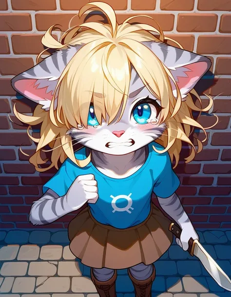 Solo, score_9,score_8_up,score_7_up, source_cartoon, kat, Anthro furry feline, female, short slender body, long blonde hair, long messy hair, hair covering one eye, pink nose, blue eyes, white whiskers, silver fur, grey stripes, furry body, short, young, a...