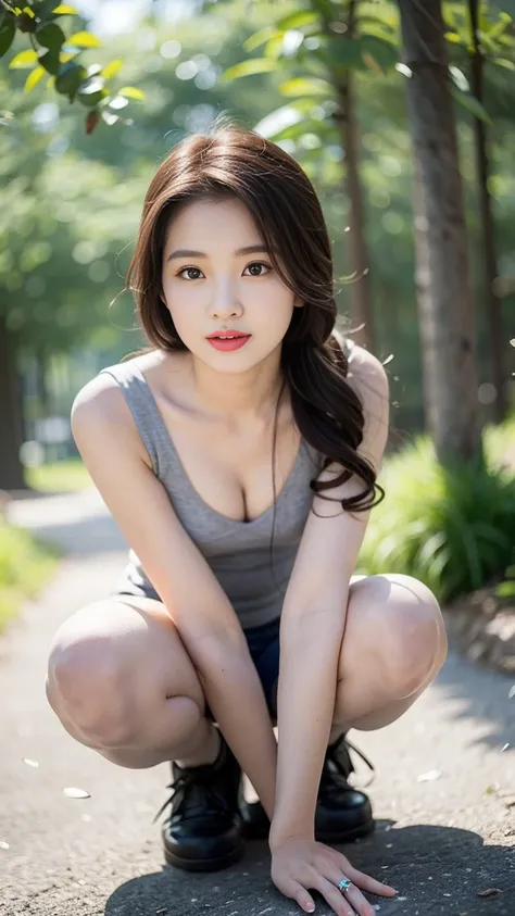 masterpiece, best quality, Surreal, Ultra Detailed, 8k resolution, RAW photos, Clear focus, (A girl in the forest), ((light gray shirt)), sleeveless, sports Shorts,, Solitary, Perfect body, Perfect body, Bangs to eyebrows、Beautiful brown hair、Beautiful and...