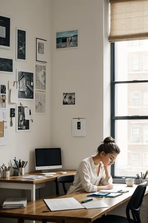 In her small workspace, soft light from the window gently illuminates the neatly arranged low desk cluttered with papers and design tools. The girl sits upright,  and slender, her long hair tied up neatly atop her head. The high bun maintains its tidiness,...