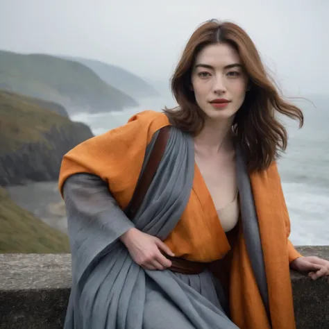 Upper body of a beautiful face Korean girls on ‘cloud sea’ still from the film, ((solo)), (Anne Hathaway look alike face: 0.9), in the style of foggy valley, confidence smile, fighting practice photography, tangerine and fossil grey, burne-jones, photoreal...