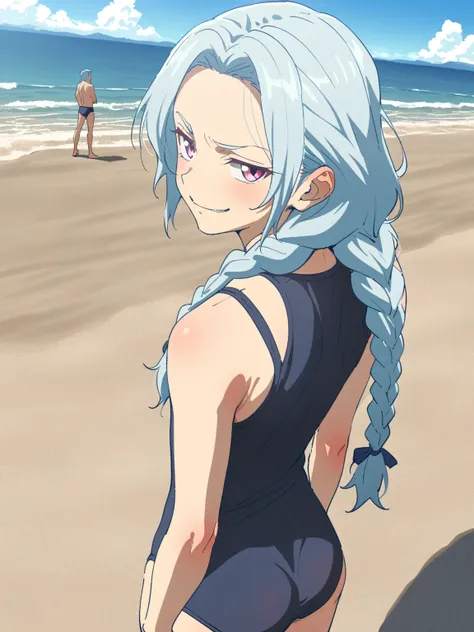 {{Full body body}} {{Artist: sincos}} 1boy, mature male, light blue hair, long hair, braided hair, pink eyes, eyes half-lidded, androgynous, navy blue swimsuit, outdoors, beach, standing, turned away, looking over shoulder, smirk, pov