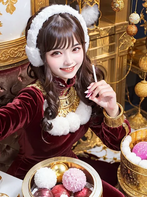 a woman with a radiant smile, eyes twinkling with delight. Shes biting into a glossy, pure white candy ball from an ornate golden jewelry box lined with velvet, girls comic style illustration