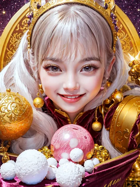 a woman with a radiant smile, eyes twinkling with delight. Shes biting into a glossy, pure white candy ball from an ornate golden jewelry box lined with velvet, girls comic style illustration