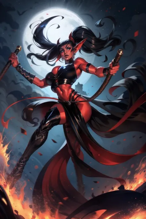 Red skin succubus tiefling, large breasts, black horns, wings, huge tail, black leather, crop top, long flowing pelvic curtain, tall, toned, graceful, thin, long black ponytail. Action scene, whip. Dark scene, explosions, night sky.