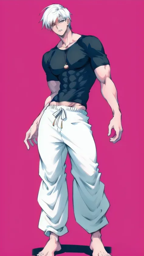 full body in image, masculine pose, unique hair, full man, casual t shirt, white harem pants, male body, slender body, short hair, full body, hot body, sexy male body, dinamic pose. detalied pose, body, simple background, expressive face, focus on face, li...