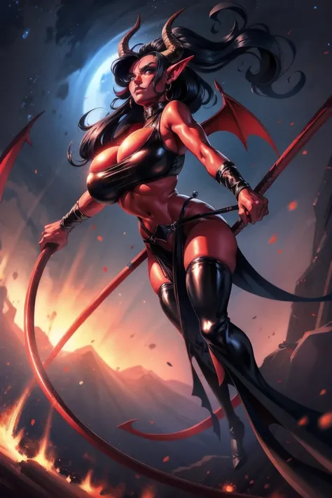 Red skin succubus tiefling, large breasts, black horns, wings, huge tail, black leather, crop top, long flowing pelvic curtain, tall, fit, graceful, thin, long black ponytail. Action scene, whip. Dark scene, explosions, night sky.