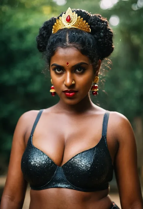 (((photo of a ancient kerala crowned temple goddess ))), (((black kali))) , (((Half Body))), (((very dark skin))), (((age 18+))), (((chubby tall))), (((huge busty milky wet big massive boobs))), (((nude thigh))), (((ancient black mini skirt))), ((black ski...