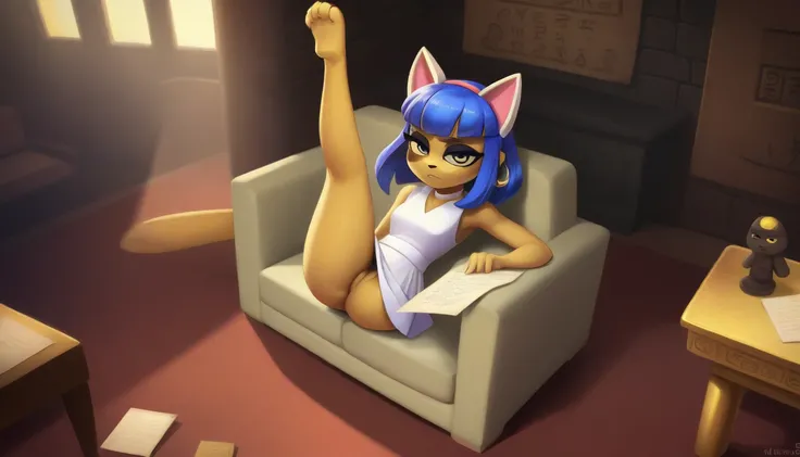 Eye, Animal Crossing Muscle, hairy, Blue Hair, Hair accessories, Yellow skin, 黑Eye, White Dress, Tail, Looking at the audience, Serious, Cross your legs, from_below, His sofa, Inside the living room, Hieroglyphics, high quality, masterpiece, 1 Girl，Cat ear...