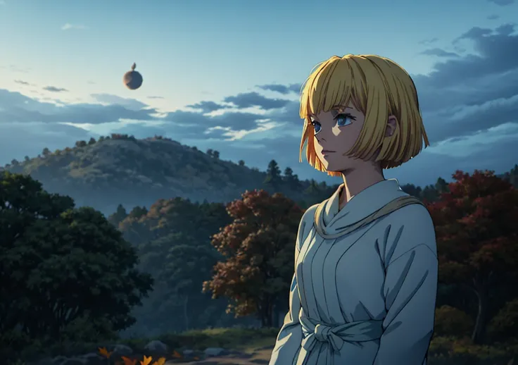 a girl with short blonde hair, in a light blue dress, holding an apple, looking at the sky while an eclipse occurs, in a forest, autumn, 2D, dark environment, dry leaves