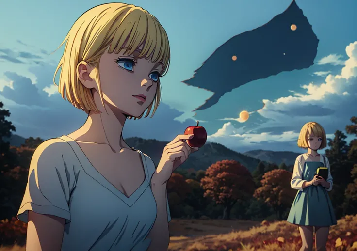 a girl with short blonde hair, in a light blue dress, holding an apple, looking at the sky while an eclipse occurs, in a forest, autumn, 2D, dark environment, dry leaves