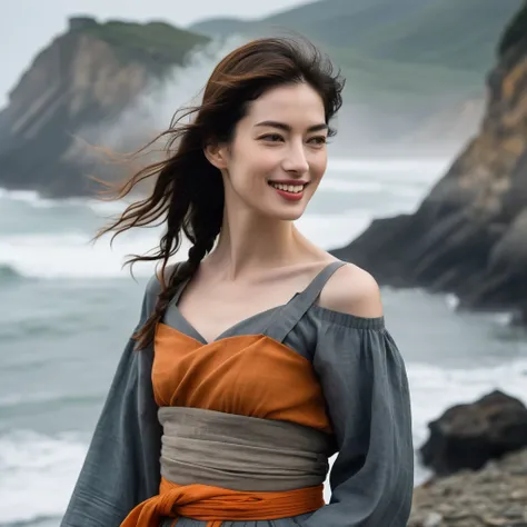 Upper body of a beautiful face Korean girls on ‘cloud sea’ still from the film, ((solo)), (Anne Hathaway look alike face: 0.9), in the style of foggy valley, confidence smile, fighting practice photography, tangerine and fossil grey, burne-jones, photoreal...