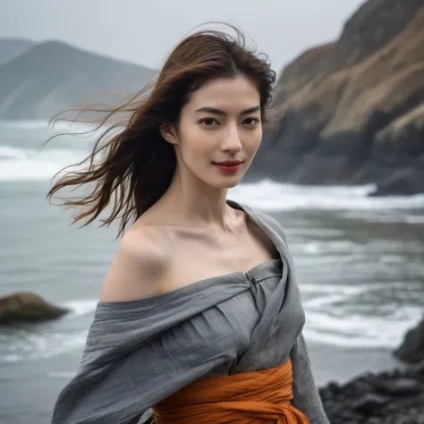 Upper body of a beautiful face Korean girls on ‘cloud sea’ still from the film, ((solo)), (Anne Hathaway look alike face: 0.9), in the style of foggy valley, confidence smile, fighting practice photography, tangerine and fossil grey, burne-jones, photoreal...