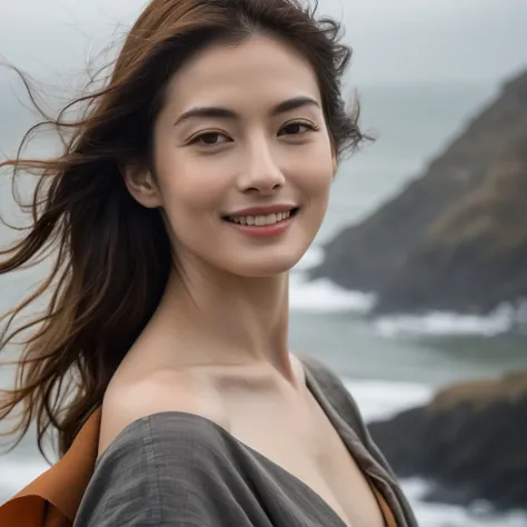 Upper body of a beautiful face Korean girls on ‘cloud sea’ still from the film, ((solo)), (Anne Hathaway look alike face: 0.9), in the style of foggy valley, confidence smile, fighting practice photography, tangerine and fossil grey, burne-jones, photoreal...