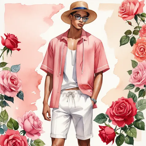 candid fashion illustration of young Mixed race 2man, both aged 18-23 year old, ((showcase fashion look book in linen outfits)), the design inspired by Boscobel Rose by David Austin Rose, in elegant chic style. The man wears an oversized short-sleeved shir...