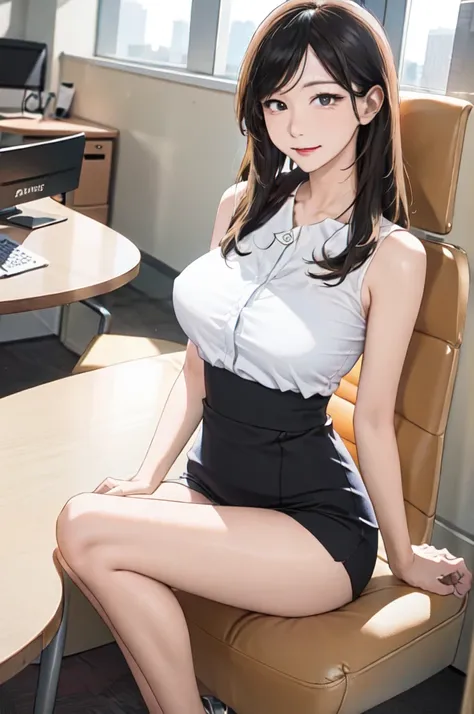 1lady sitting, holding a coffee cup, office worker outfit, /(id card lanyard/), mature female, /(black hair/) bangs, (masterpiec...