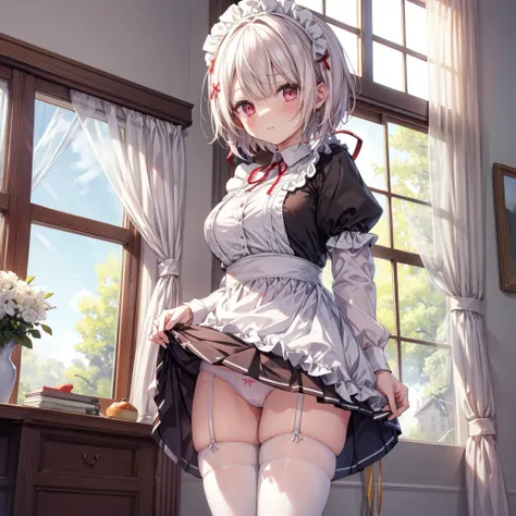 ((Highest quality)), ((masterpiece)), ((detailed)), (4K), a woman wearing underwear and stocking that is holding up her skirt by her thigh, 1girl, underwear, panties, 独奏, thighhighs, backlighting, puffy sleeves, dress lift, long sleeves, bow panties, white...