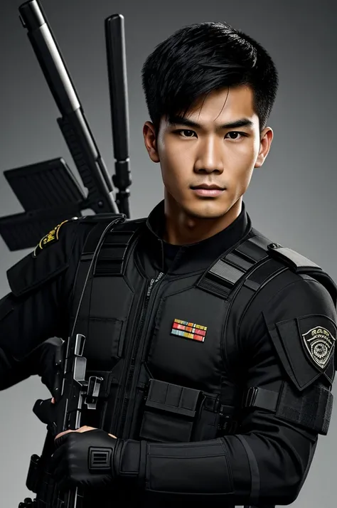 Digital illustration type image of a handsome 25-year-old boy of Asian origin, with an all-black SWAT uniform and a serious expression on his face