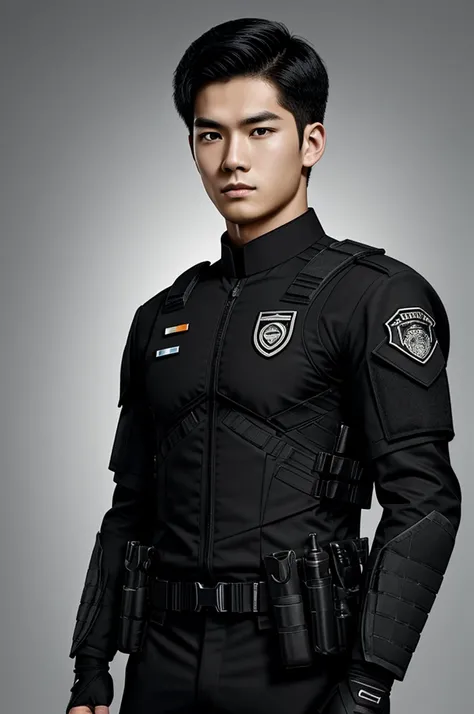 Digital illustration type image of a handsome 25-year-old boy of Asian origin, pale skin, black hair and delicate features, with an all-black SWAT uniform and a serious expression on his face, turning to the right side 