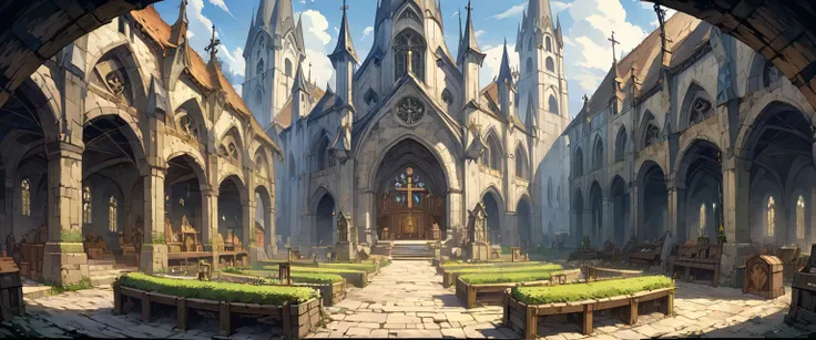 church(European medieval churches)，White Wall，Sacred and solemn environment。Overlooking the composition，Panorama pictures，Scene screen，Game concept art style，Anime illustration style，HD，4K。