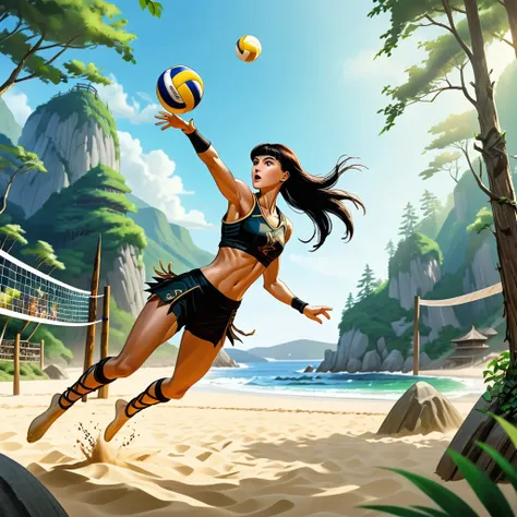 Xena Warrior princess, sports action shot, cinematic, spiking volleyball, sense of movement and energy leaping moment, zen garden volleyball arena surrounded by dense forest, beach coastline background