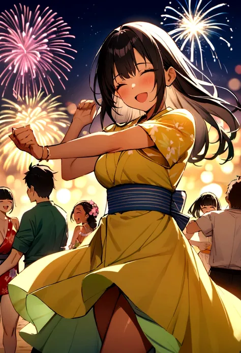 masterpiece, best quality, Summer Kimono,Tanned skin, Flowering, firework, firefly，reed bush, Smile, Dance, Night Sky, Black hair，Summer Festival，Beach