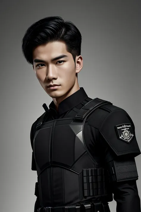 Realistic drawing image of a handsome 25-year-old boy of Asian origin, pale skin, black hair and delicate features, with an all-black SWAT uniform and a serious expression on his face, turning to the right side 