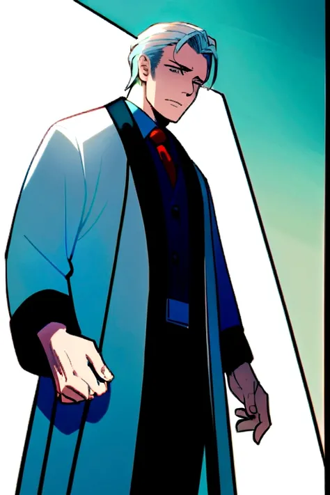 A handsome 40 year old white haired doctor dressed in doctor clothes 