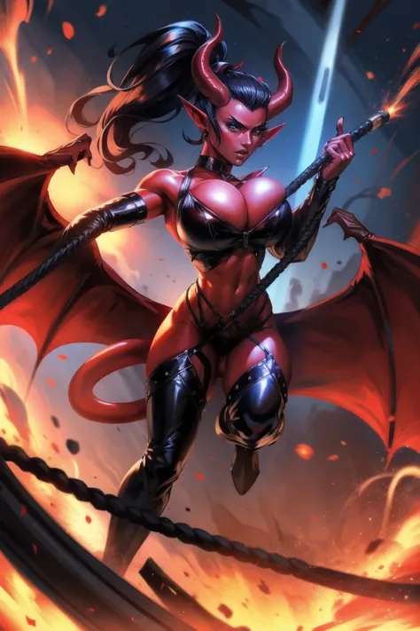 Red skin succubus tiefling, medium breasts, black horns, wings, huge tail, black leather, cleavage, crop top, thong, tall, toned, graceful, thin, long black ponytail. Action scene, whip. Dark scene, explosions, night sky.