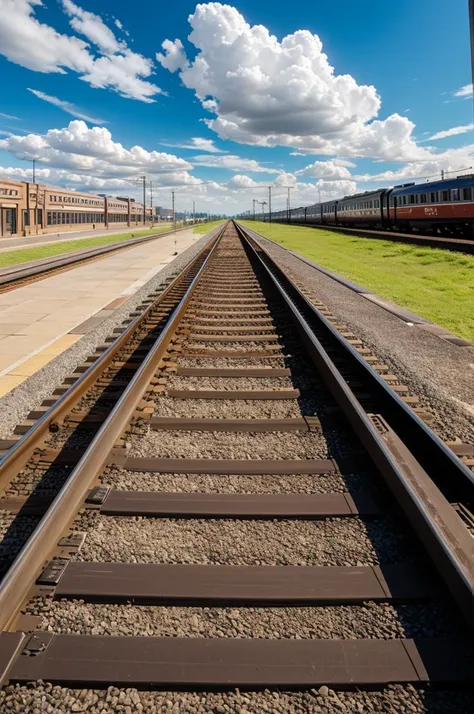 The train has a brown locomotive, tracks, train station, clouds underfoot, blue sky, stylized and lovely