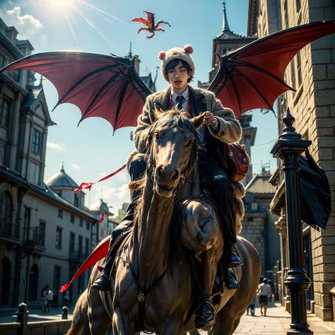 ((Best quality)), ((masterpiece)), (detailed:1.4), 3D, A young man wearing a goldfish hat rides a ride red dragon flying in the sky above the castle, Anime Japan Style, masterpiece, 8K