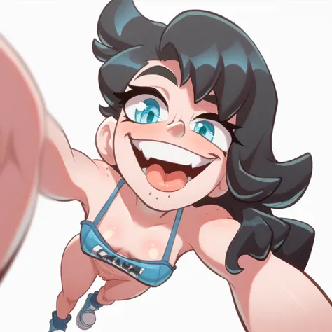 Ralph Bakshi Style, gesugao, Curvy blue eyed girl with long wavy black hair and small breasts standing over viewer, (extreme nsfw), lewd:3.0, (upward camera angle), (full-body-shot pov), (pubic_stubble):4.0