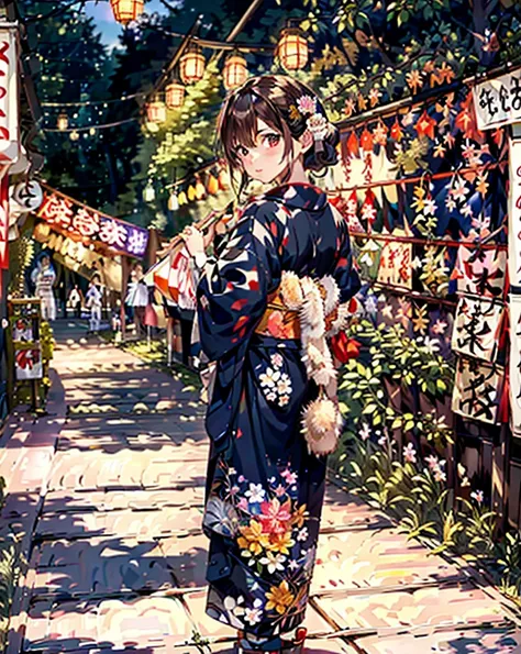 masterpiece, highest quality, super detailed, figure, OMATSURI, food stand, 1 girl, beautiful eyes, looking at the viewer, from behind, cowboy shot, think back, yukata, wood, outdoors,road, walk,  crowd, night, lanthanum, festival, food, paved, Crossing ro...