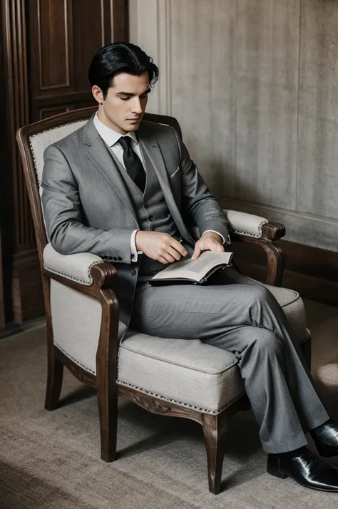 Man with white skin and black hair, gentle face, sitting in a gray armchair reading the Bible, gray suit dress, in an elegant medieval hall