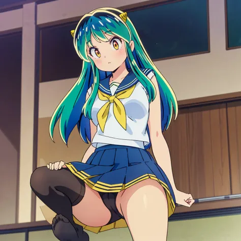 masterpiece, Highest quality, 1 Girl, Lum、 Mature、Sailor suit、Navy Skirt、Black Pantyhose、Sit down、Watching the audience、 Show the soles、 From below, Panties, anime, blush, sexy、 High definition,  Green Hair. Japan