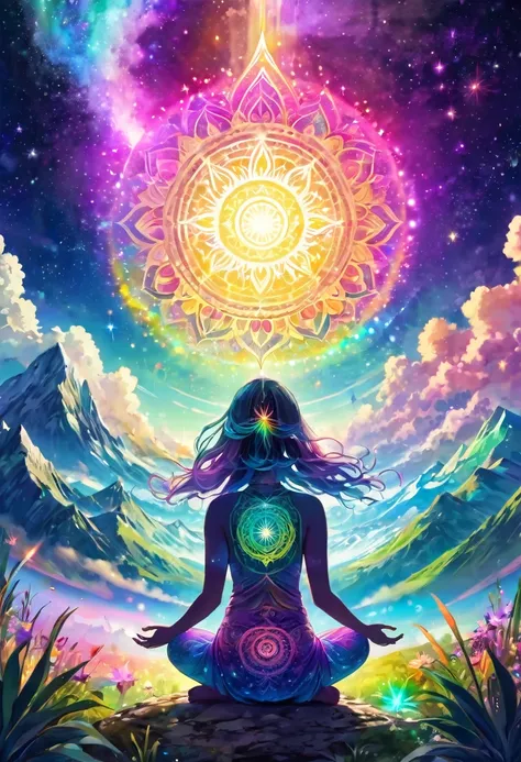 yoga on the earth, The top of her head is connected to cosmic energy, chakra, mandala, above the earth, mystical world, plants, shooting stars, pastel rainbow colors Light of