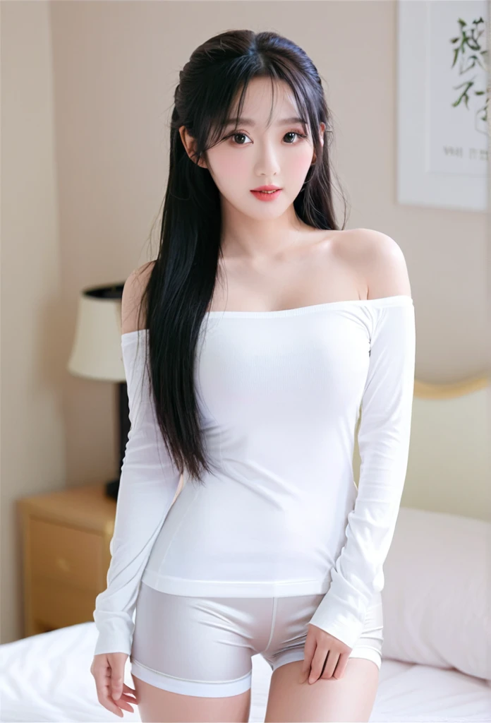 close-up of beautiful Chinese, Ningning is a AESPA South Korean pop girl group, age 22 years old girl, youthful face, perfect body, white body skin, very rapunzel long hair, standard black hair, straight hair, 32 inches breasts size, wearing a plain standa...