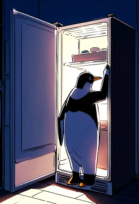 A friendly mechanical penguin, repairing a refrigerator in a home