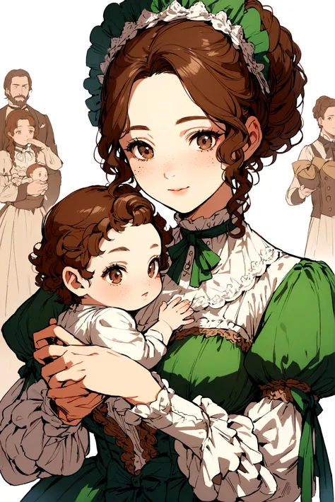 Brown-haired girl in a Victorian era hairstyle, brown eyes with green, freckles on her cheeks and a Victorian-era party dress holding a baby 