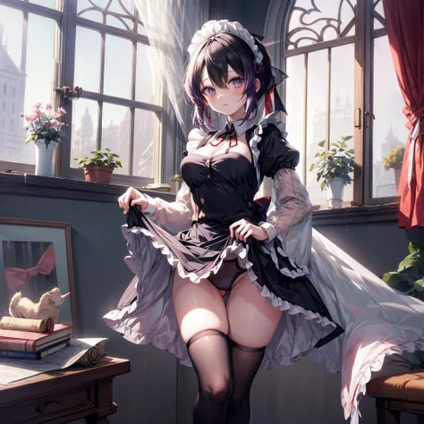 ((Highest quality)), ((masterpiece)), ((detailed)), (4K), a woman wearing underwear and stocking that is holding up her skirt by her thigh, 1girl, underwear, panties, 独奏, thighhighs, backlighting, puffy sleeves, dress lift, long sleeves, bow panties, white...