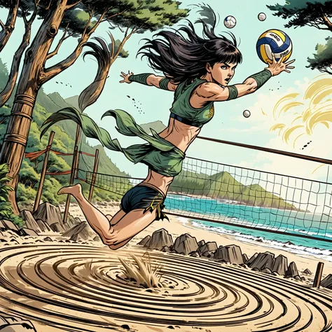 Xena Warrior princess, sports action shot, cinematic, spiking volleyball, sense of movement and energy leaping moment, zen garden volleyball arena surrounded by dense forest, beach coastline background, expressive color ink style joelle jones sketch