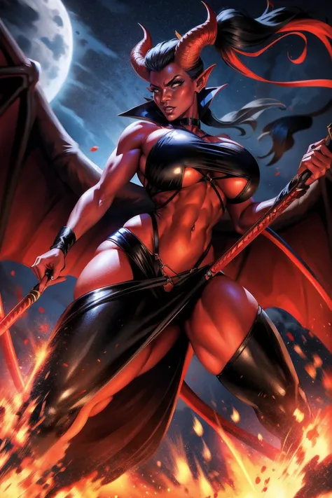 Red skin succubus tiefling, medium breasts, black horns, wings, huge tail, black leather, crop top, long flowing pelvic curtain, tall, toned, graceful, thin, long black ponytail. Action scene, whip. Dark scene, explosions, night sky.