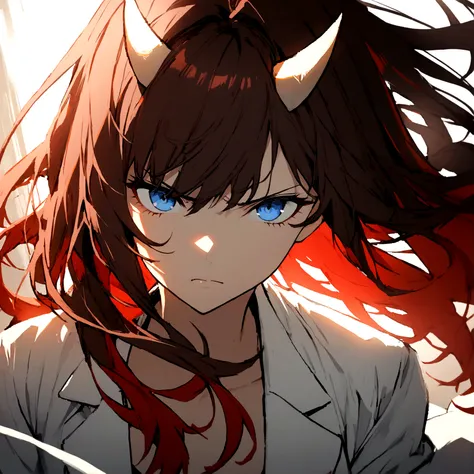 1girl, white lab coat, lab coat, white glove, dark hair, red hair, long hair, blue Eyes, small horn, serious face