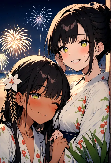 masterpiece, best quality, Summer Kimono,Tanned skin, Flowering, firework, firefly，reed bush, Smile,  Night Sky, Black hair，（one person），Beach，fan