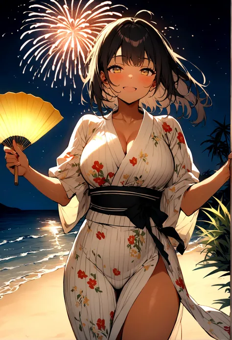 masterpiece, best quality, Summer Kimono,Tanned skin, Flowering, firework, firefly，reed bush, Smile,  Night Sky, Black hair，（one person），Beach，fan