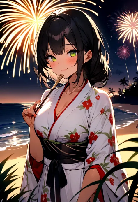 masterpiece, best quality, Summer Kimono,Tanned skin, Flowering, firework, firefly，reed bush, Smile,  Night Sky, Black hair，（one person），Beach，fan