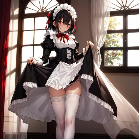 ((Highest quality)), ((masterpiece)), ((detailed)), (4K), a woman wearing underwear and stocking that is holding up her skirt by her thigh, 1girl, underwear, panties, 独奏, thighhighs, backlighting, puffy sleeves, dress lift, long sleeves, bow panties, white...