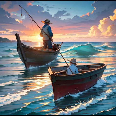 A humble fisherman in a simple boat, fishing at sunrise. The fisherman looks content and focused. The background features a calm sea with gentle waves and a serene sky with the sun rising, casting warm colors across the water. The art style should match th...