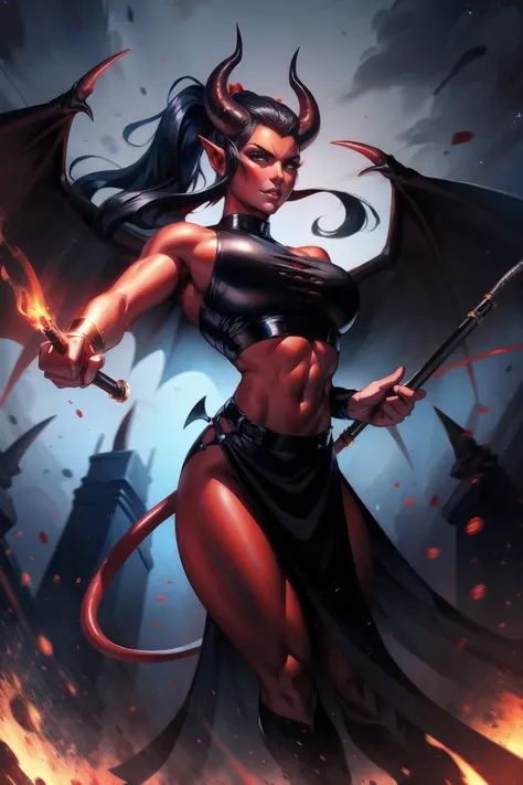 Red skin succubus tiefling, medium breasts, black horns, wings, huge tail, black leather, crop top, long flowing pelvic curtain, tall, toned, graceful, thin, long black ponytail. Action scene, whip. Dark scene, explosions, night sky.